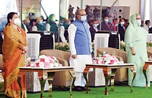 Devi Bhandari, Abdul Hamid and Sheikh Hasina at the Mujib Eternal Ceremony